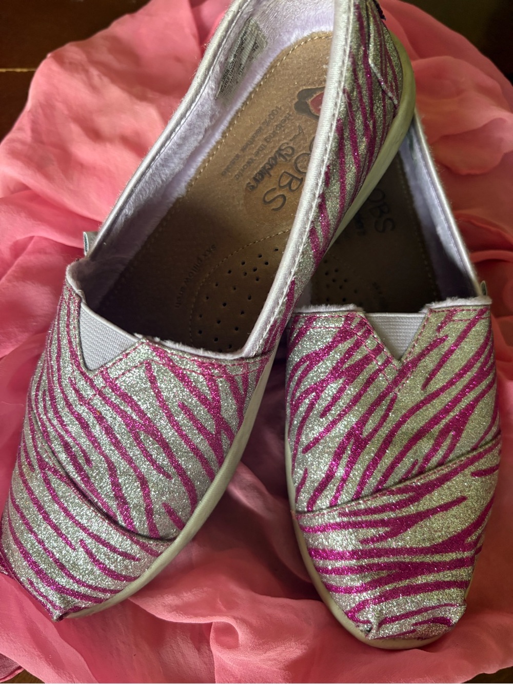 BOBS from Skechers Pink and Silver Glitter Zebra Slip-On Flats